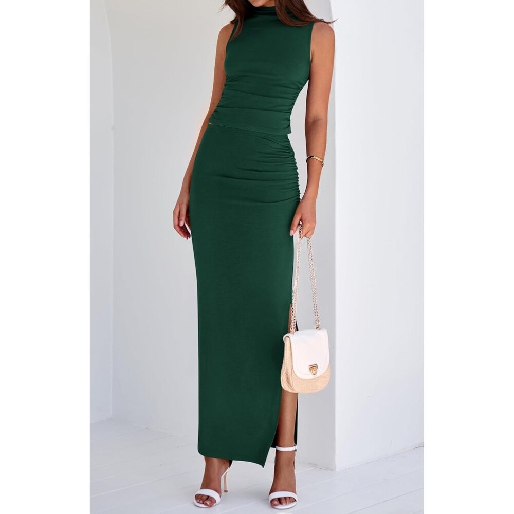 Womens Dark Green Two Piece Sets Going Mock Neck Sleeveless Knit Tops Maxi Skirt - Picture 6 of 6